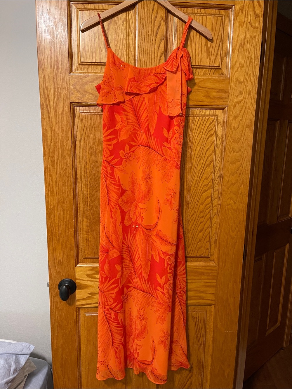 Studio I Orange Tropical Ruffle-Trim Maxi Dress